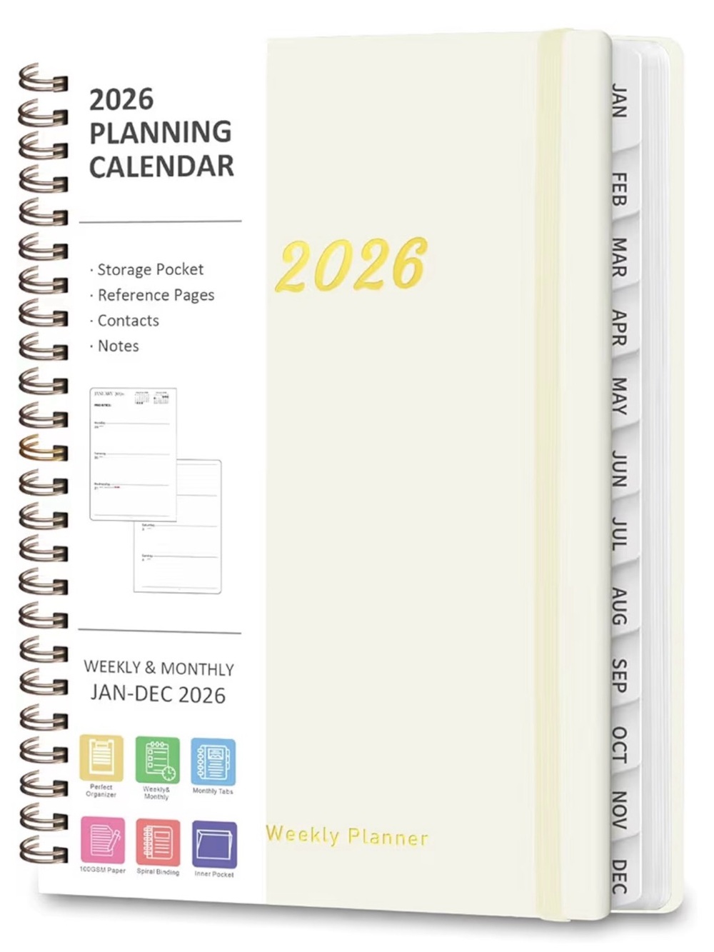 Spiral Weekly&Monthly Planner - Cream Cover with Gold Coil A5